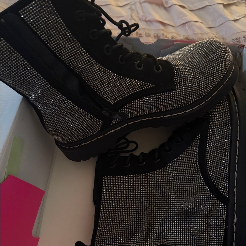 Betsey Johnson Rhinestone Combat Boots - Black - Picture 2 of 5